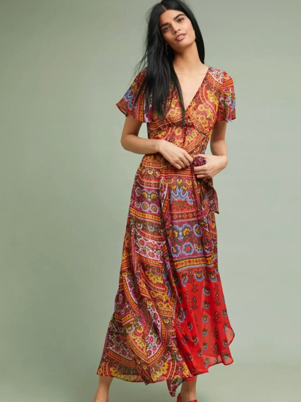 Akemi + Kin Murol Anthropologie Belted Wrap Flutter Sleeve Floral Maxi Dress, 10